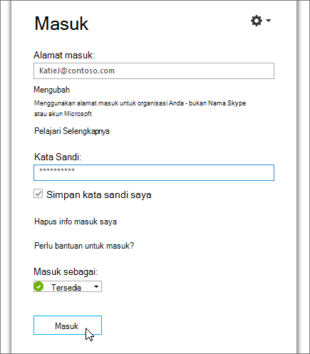 Cuplikan layar memperlihatkan tempat memasukkan kata sandi Anda di layar masuk Skype for Business.