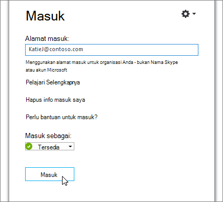 Cuplikan layar memperlihatkan tombol Masuk di layar masuk Skype for Business.