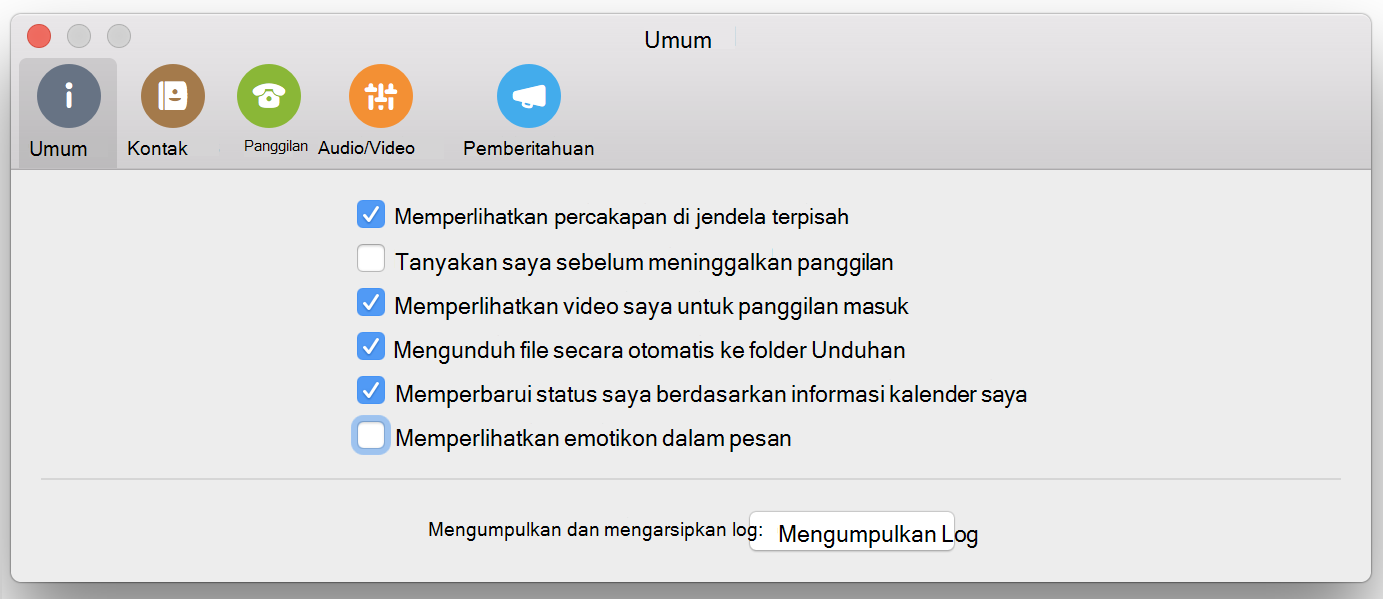Kotak centang Perlihatkan emotikon dalam pesan di halaman Umum Preferensi