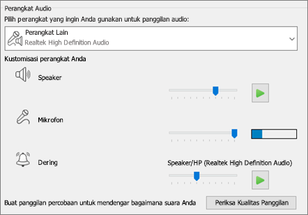 Pengaturan yang dikustomisasi--speaker, mikrofon, dering--untuk perangkat audio