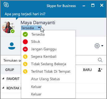 Cuplikan layar jendela Skype for Business dengan menu Status yang terbuka.