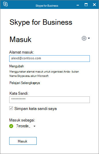 Cuplikan layar dari layar masuk Skype for Business.