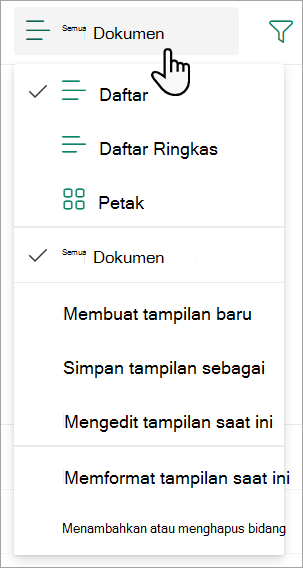 Cuplikan layar memperlihatkan daftar menurun tampilan Semua Dokumen yang digunakan untuk mengubah tampilan daftar.