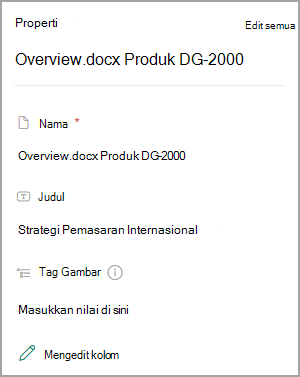 Cuplikan layar memperlihatkan Properti untuk dokumen di pustaka SharePoint.