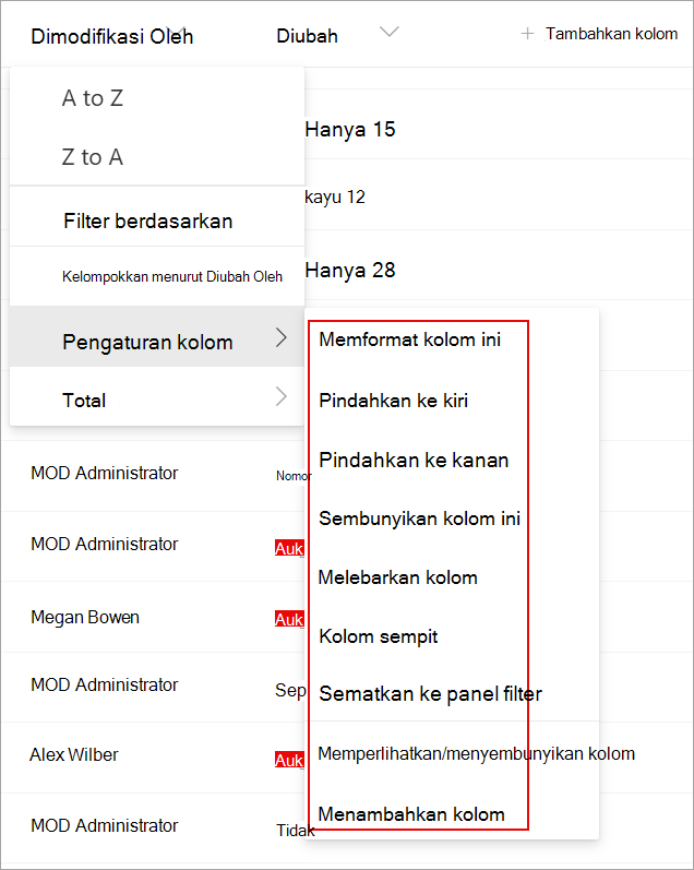 Cuplikan layar memperlihatkan pengaturan kolom dalam daftar yang bisa Anda gunakan untuk mengubah daftar Anda.