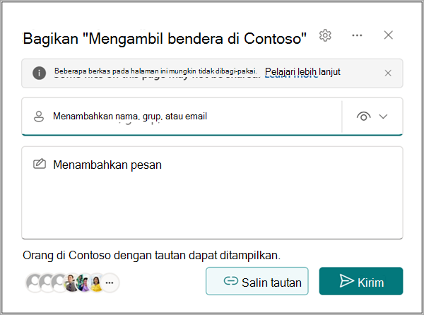 Dialog kirim tautan dengan bidang penerima, pengaturan izin, bidang pesan, dan tombol Kirim.