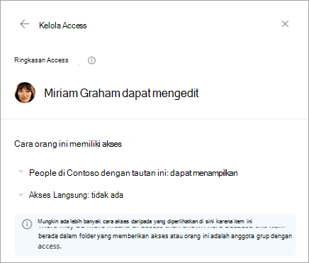 Kotak dialog ringkasan Access memperlihatkan detail izin file untuk seseorang.