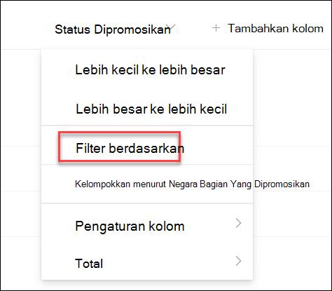 cuplikan layar Filter berdasarkan status yang dipromosikan