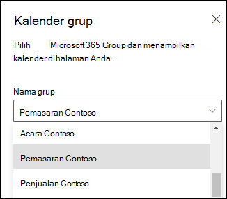 Memilih grup Microsoft 365 dari panel properti.