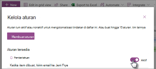 Cuplikan layar cara mengaktifkan atau menonaktifkan aturan di halaman Kelola aturan.