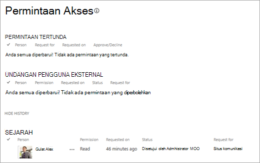Tampilan Permintaan Akses memperlihatkan riwayat permintaan.