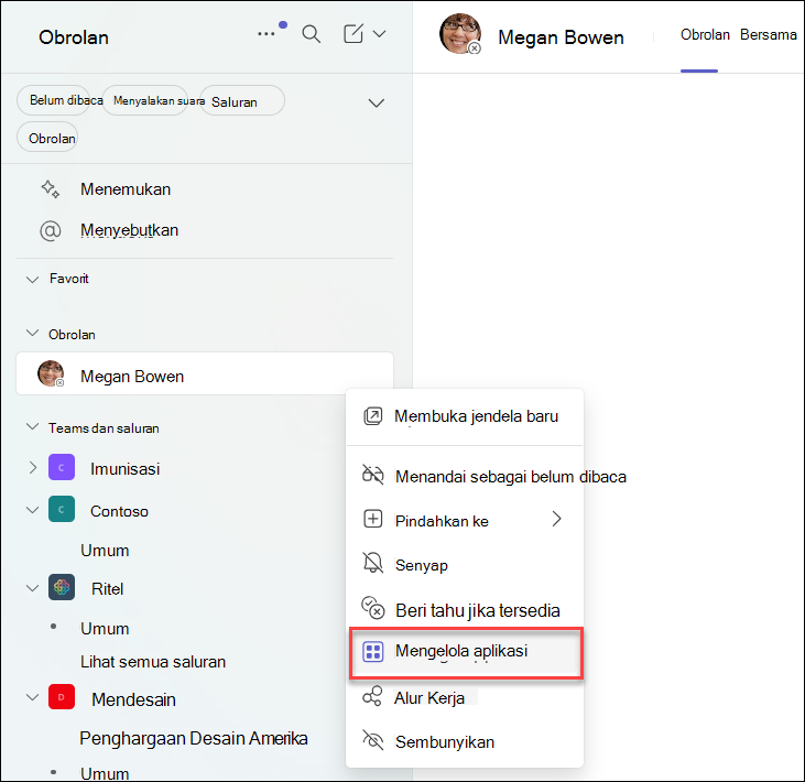Cuplikan layar mengelola aplikasi dalam obrolan Teams