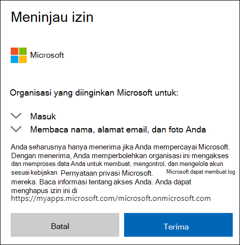 Jendela Izin Berbagi Eksternal OneDrive.
