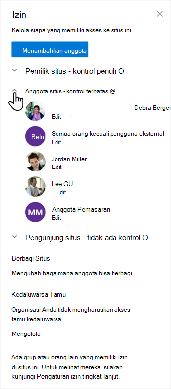 Kotak dialog Izin yang memungkinkan Anda mengelola anggota dan tingkat izin mereka.