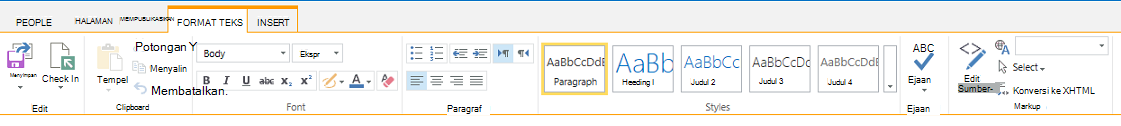 Cuplikan layar tab Format Teks, yang berisi sejumlah tombol untuk memformat teks