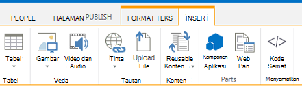 Cuplikan layar tab Sisipkan, yang berisi tombol-tombol untuk menyisipkan tabel, video, grafik, dan link ke halaman situs Anda