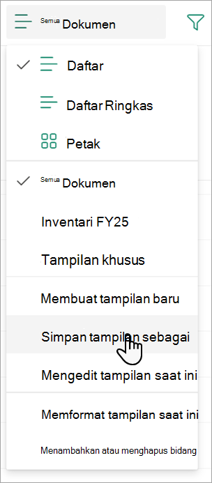 Cuplikan layar memperlihatkan perintah Simpan tampilan sebagai yang bisa Anda gunakan untuk memberi nama tampilan Anda.