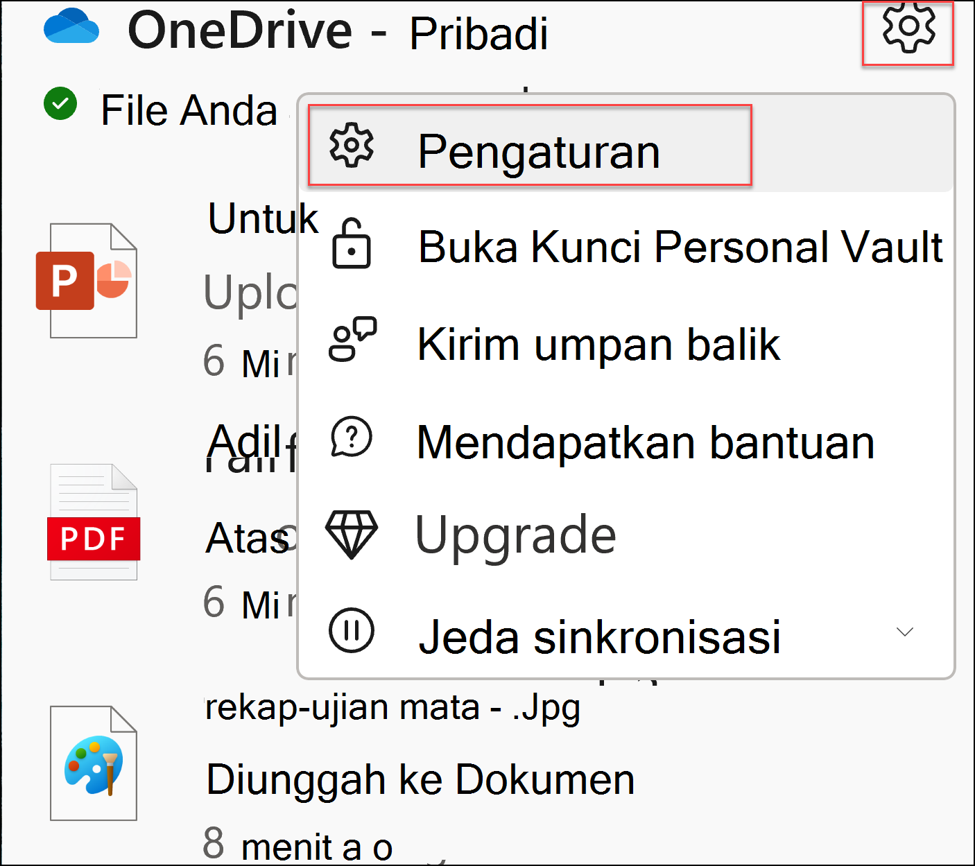 cuplikan layar pengaturan oneDrive