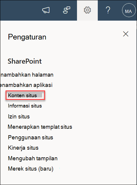 cuplikan layar pengaturan konten situs