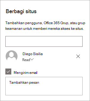 Menambahkan seseorang di panel Berbagi situs