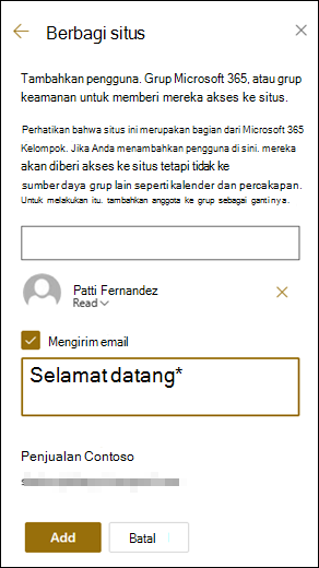 Pratinjau panel Bagikan situs.