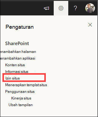 Pengaturan dengan izin Situs disorot.