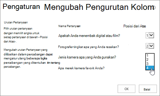 Mengubah dialog urutan pertanyaan dengan menu menurun pada satu pertanyaan yang disorot