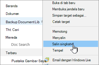 Klik kanan pustaka di buka cepat, pilih Salin pintasan