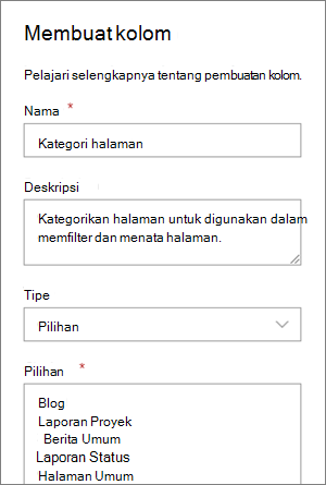 Contoh menyiapkan kolom pilihan kategori untuk blog