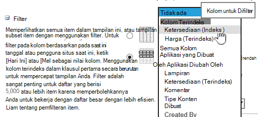 Di SharePoint Online, pilih bidang terindeks