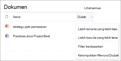 Komponen web Pustaka Dokumen memperlihatkan menu urutkan, filter, dan grup