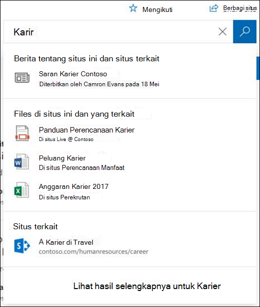 Hasil pencarian di situs hub SharePoint