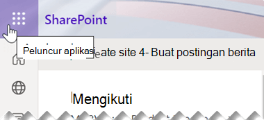 Simbol peluncur aplikasi terdiri dari sembilan titik persegi kecil, terletak di dekat sudut kanan atas jendela aplikasi SharePoint.