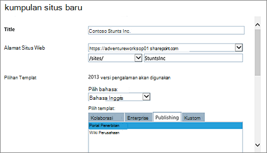 Bagian atas dialog kumpulan situs baru dengan Portal Penerbitan disorot
