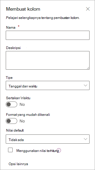 Cuplikan layar panel Buat kolom yang dapat Anda gunakan untuk menambahkan kolom ke daftar.