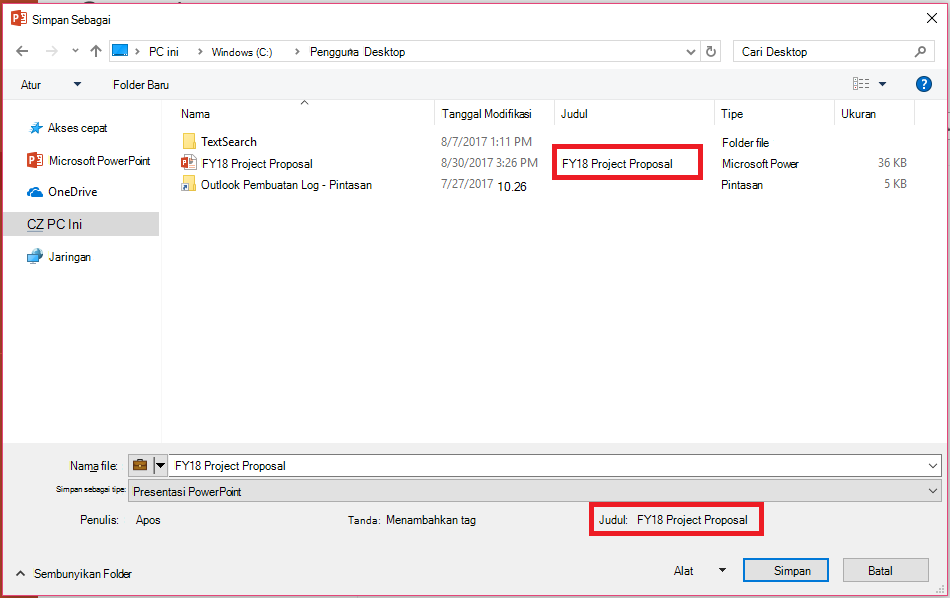 Properti Dokumen Office - Metadata/properti Dialog Simpan Sebagai