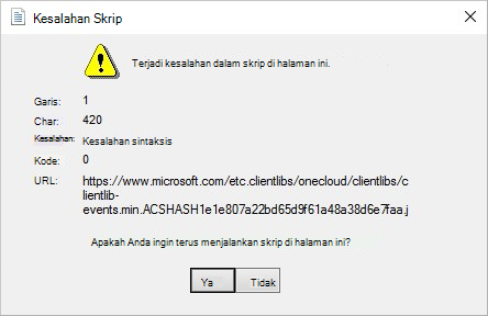 Cuplikan layar pesan kesalahan, Kesalahan telah terjadi dalam skrip di halaman ini.