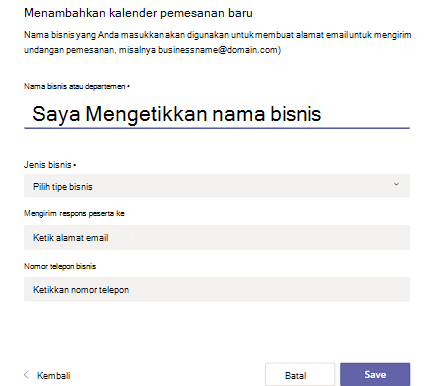 Formulir untuk memasukkan detail bisnis untuk kalender pemesanan baru