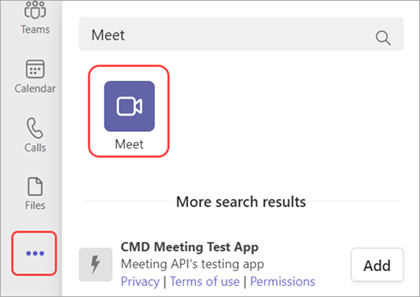 Cuplikan layar cara menambahkan aplikasi Meet di Teams.