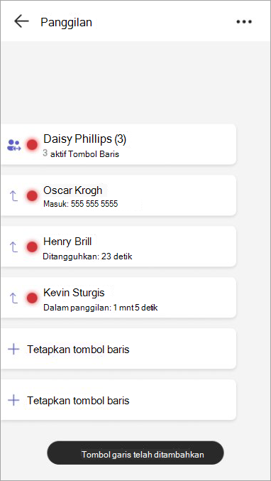 Cuplikan layar memperlihatkan baris bersama yang telah ditetapkan ke kunci baris, anggota baris bersama, dan status panggilan mereka.