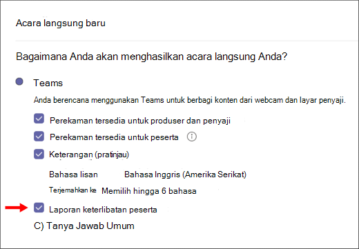 Layar kotak centang Laporan keterlibatan peserta