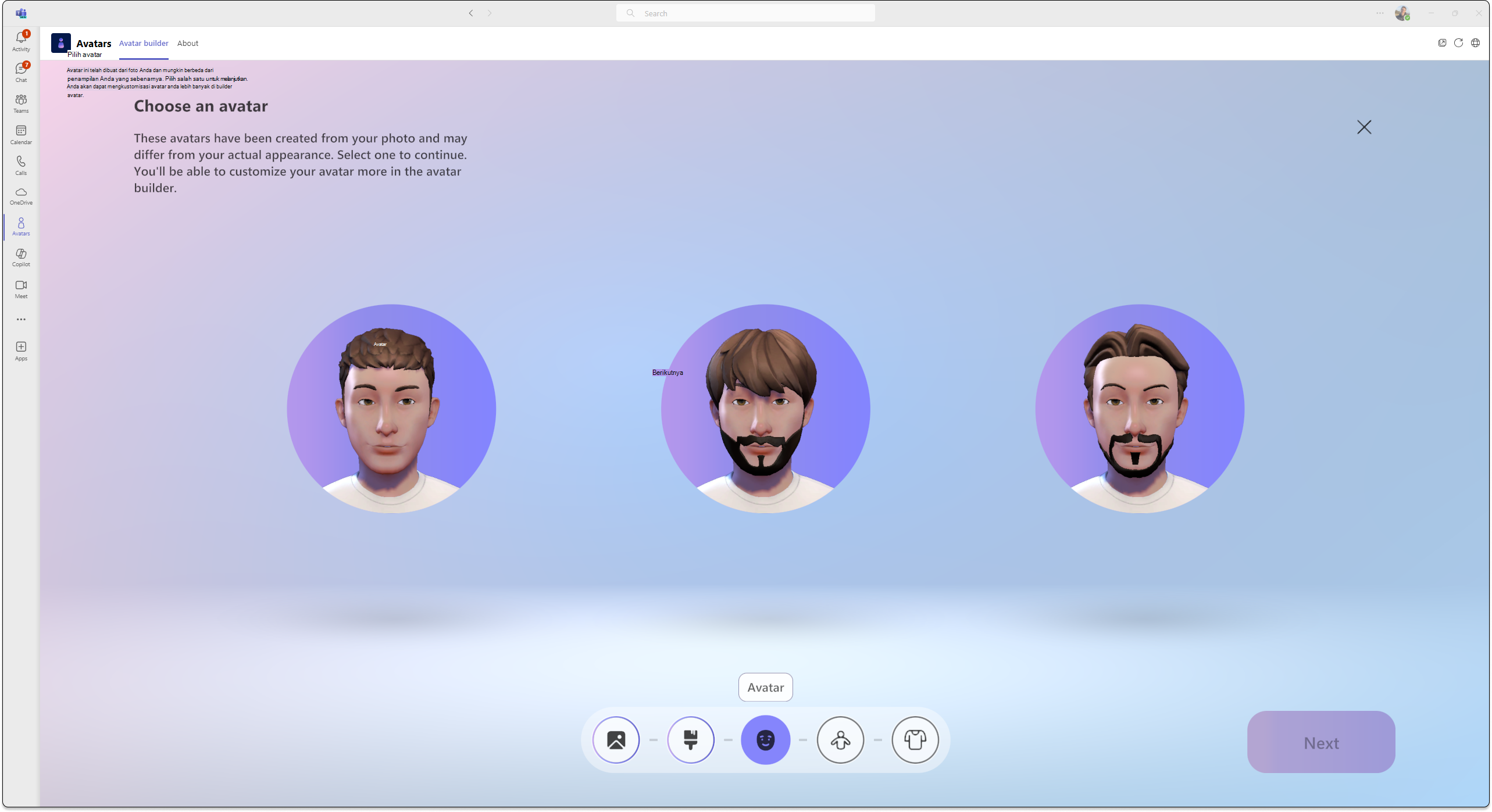 Cuplikan layar aplikasi avatar dalam teams memperlihatkan 3 opsi untuk avatar yang dihasilkan dari gambar yang dikirim untuk menghasilkan avatar.