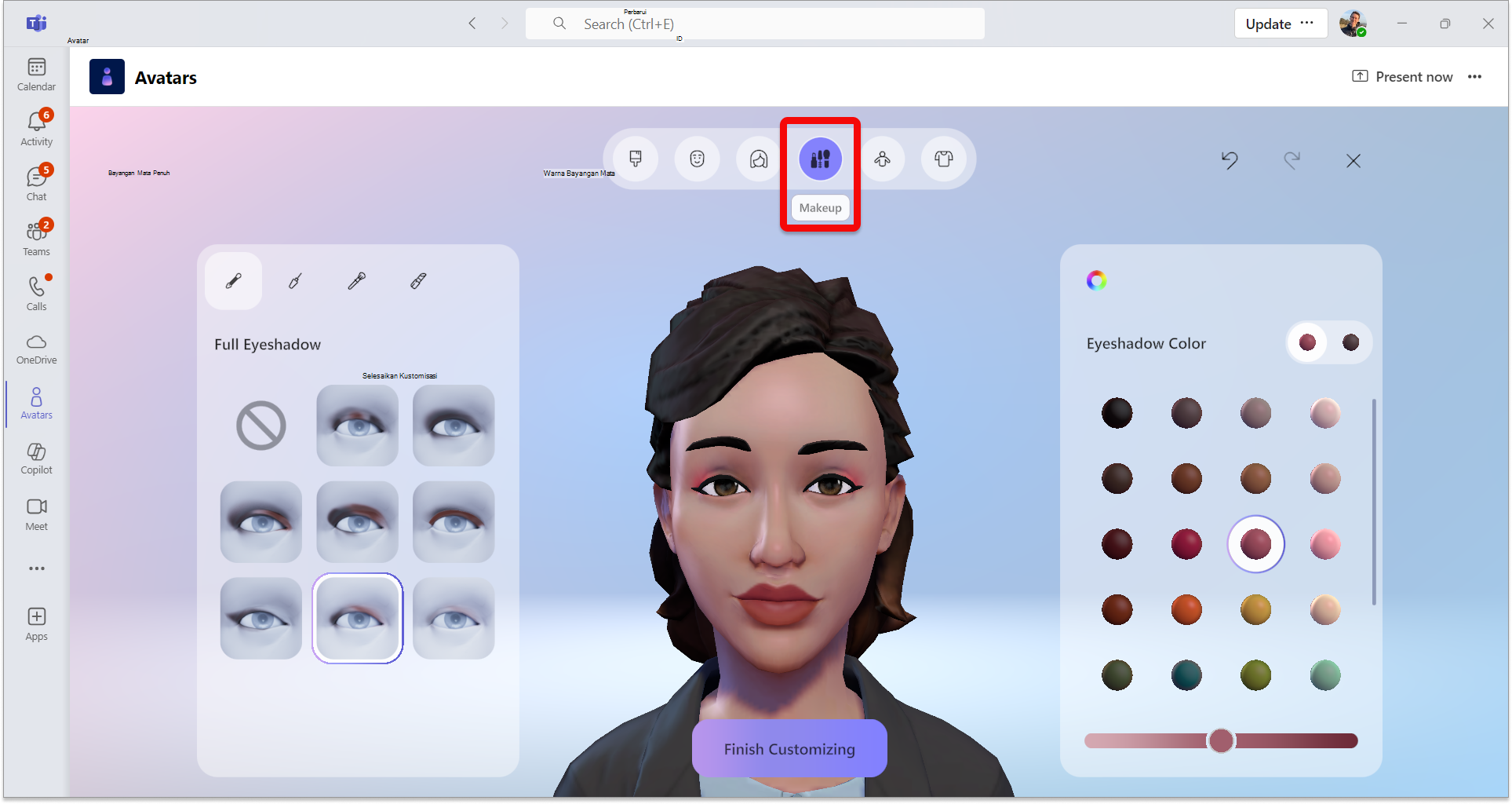 Cuplikan layar aplikasi avatar di Teams dengan kategori riasan dipilih.