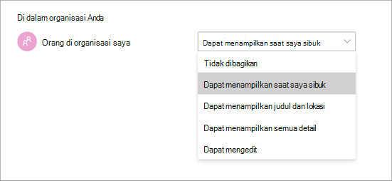 Cuplikan layar memperlihatkan izin akses yang berbeda saat berbagi kalender di Teams.