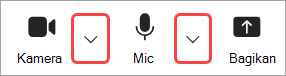 Penyorotan gambar Panah drop-down kamera dan mikrofon di kontrol rapat Teams.