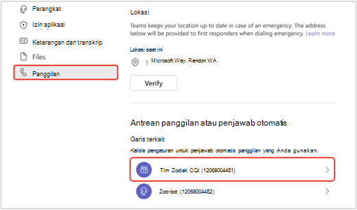 layar di menu Teams dari Pengaturan