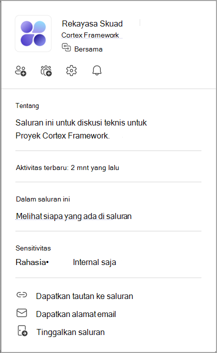 Cuplikan layar kartu saluran. Arahkan ke nama saluran untuk melihat kartu salurannya.