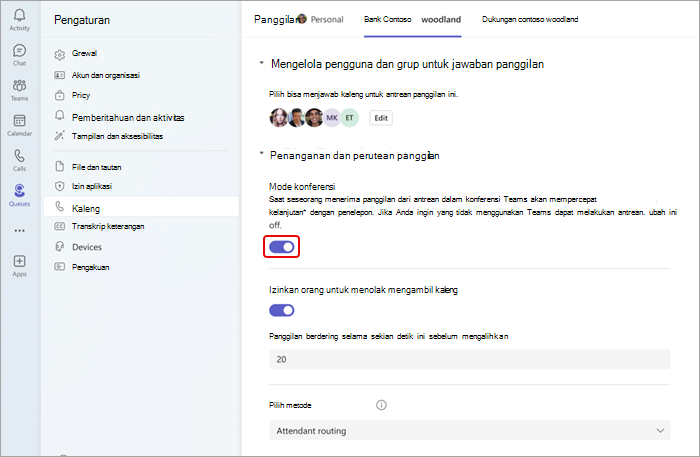 Cuplikan layar memperlihatkan cara mengaktifkan atau menonaktifkan mode konferensi