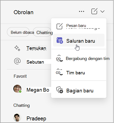 Cuplikan layar obrolan Microsoft Teams dengan opsi untuk membuat pesan baru, saluran baru, atau tim baru. Aplikasi ini juga memiliki opsi untuk bergabung dengan tim, atau membuat bagian baru.