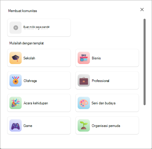 Cuplikan layar tombol untuk membuat komunitas dengan atau tanpa templat di Komunitas di Microsoft Teams (gratis).